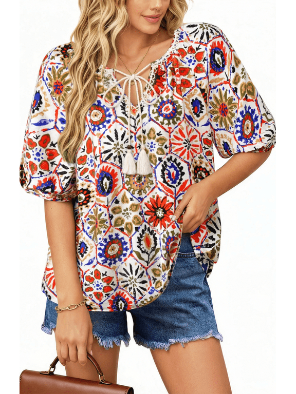 Summer Tops for Women Short Sleeve V Neck Boho Casual Blouses Ladies Floral Print Tie Front Flowy Shirts
