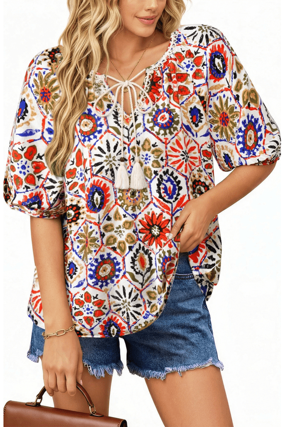Summer Tops for Women Short Sleeve V Neck Boho Casual Blouses Ladies Floral Print Tie Front Flowy Shirts