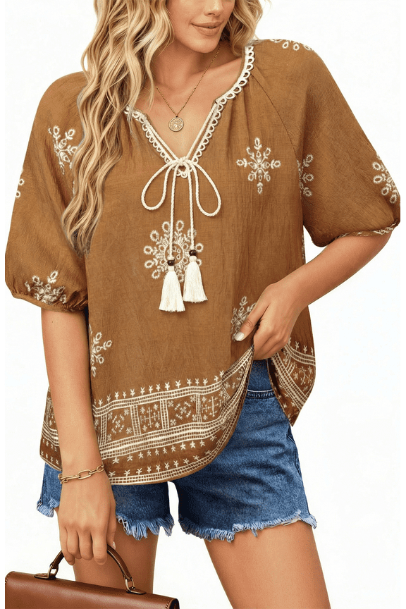 Summer Tops for Women Short Sleeve V Neck Boho Casual Blouses Ladies Floral Print Tie Front Flowy Shirts