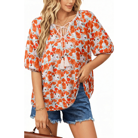 UVN Summer Tops for Women Short Sleeve V Neck Boho Casual Blouses Ladies Floral Print Tie Front Flowy Shirts