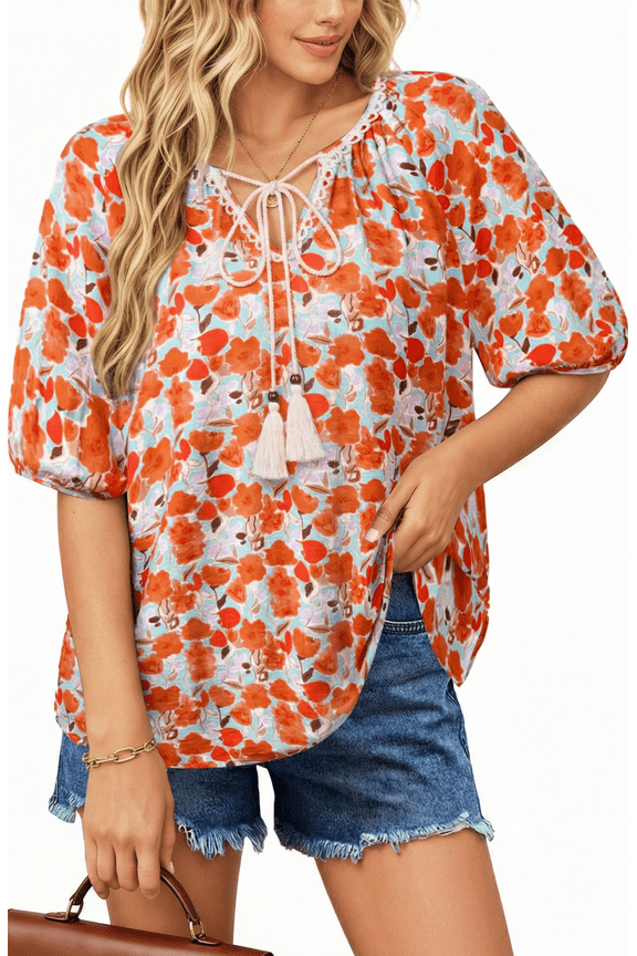 Summer Tops for Women Short Sleeve V Neck Boho Casual Blouses Ladies Floral Print Tie Front Flowy Shirts