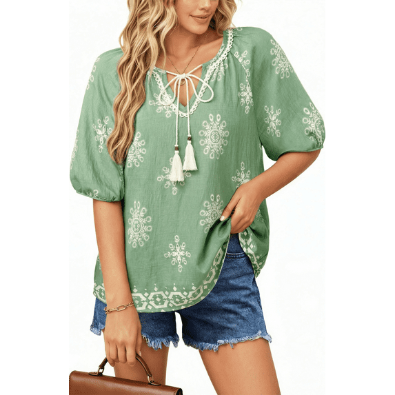 UVN Summer Tops for Women Short Sleeve V Neck Boho Casual Blouses Ladies Floral Print Tie Front Flowy Shirts