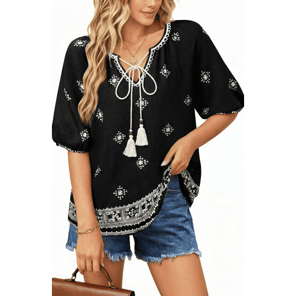 UVN Summer Tops for Women Short Sleeve V Neck Boho Casual Blouses Ladies Floral Print Tie Front Flowy Shirts