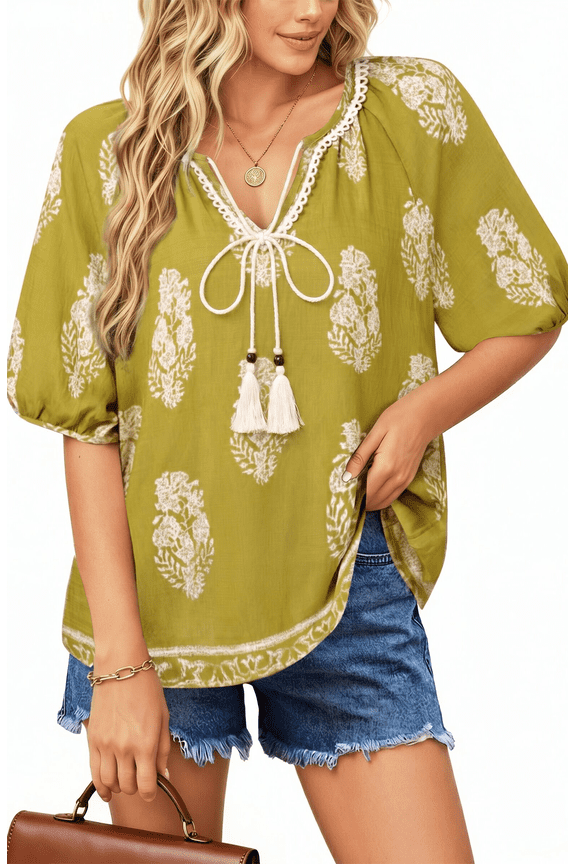 Summer Tops for Women Short Sleeve V Neck Boho Casual Blouses Ladies Floral Print Tie Front Flowy Shirts