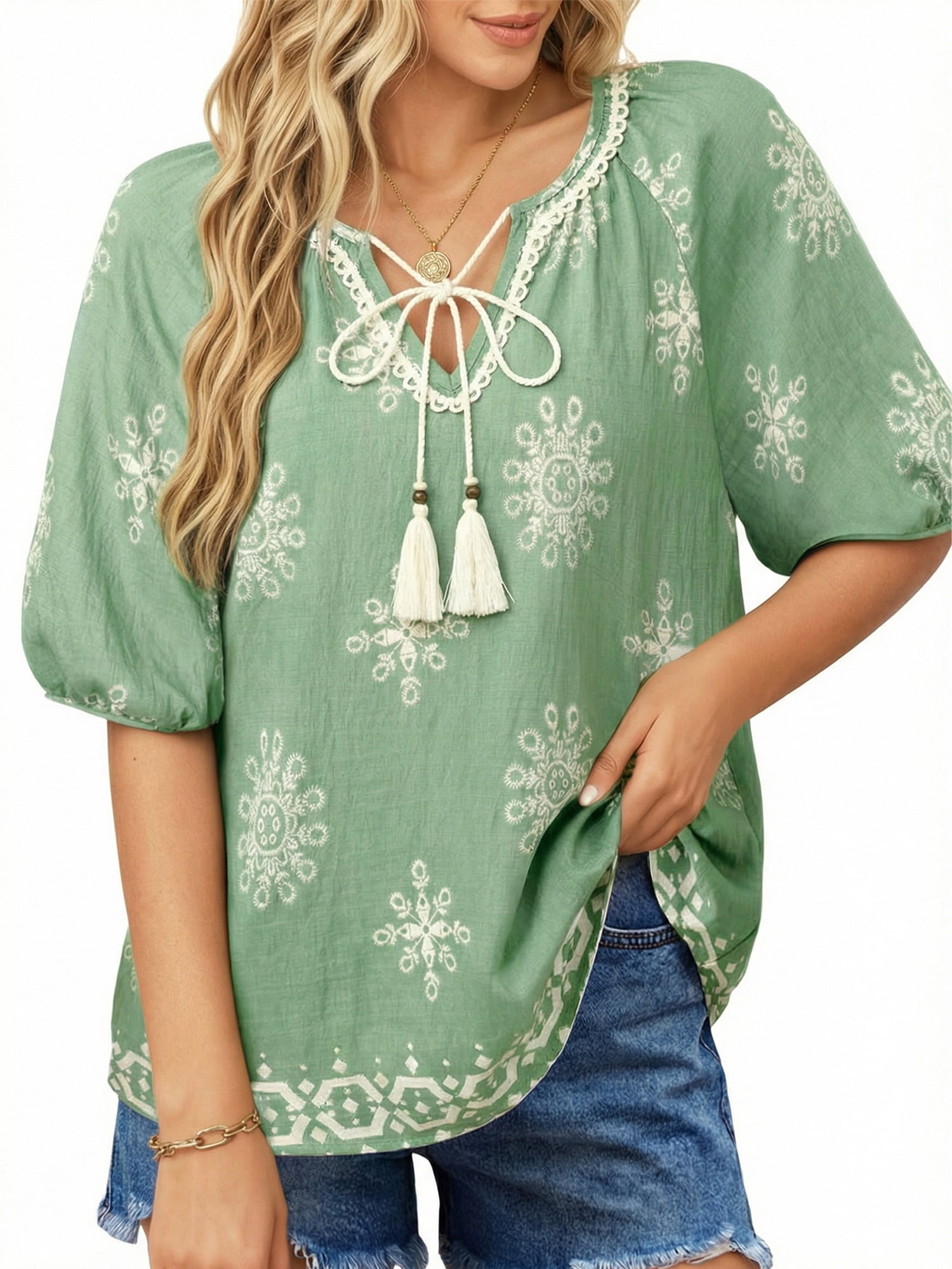 UVN, Summer Tops for Women, L, Short Sleeve V Neck Boho Floral Print ...