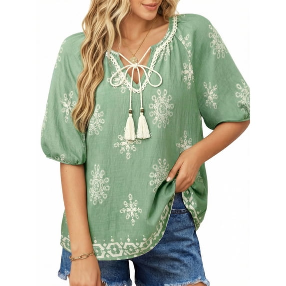 UVN Summer Tops for Women Short Sleeve V Neck Boho Casual Blouses Ladies Floral Print Tie Front Flowy Shirts