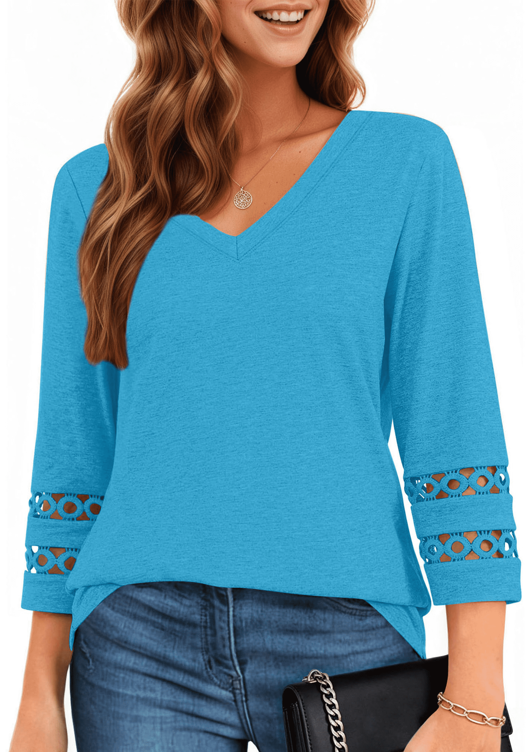 UVN Summer Tops for Women V Neck 3/4 Sleeve Tunic Blouses Ladies Casual ...