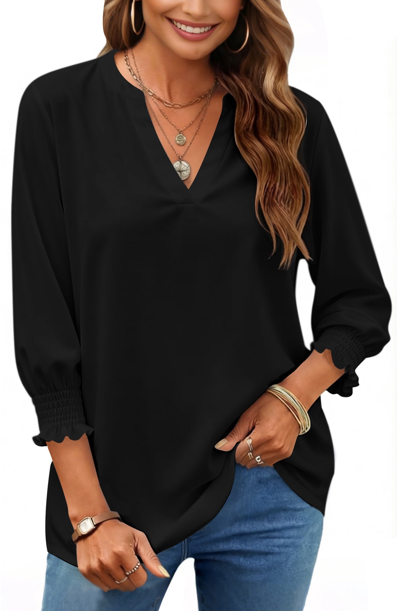 UVN Summer V Neck Womens Blouses Dressy Casual 3/4 Sleeve Shirts Ladies ...