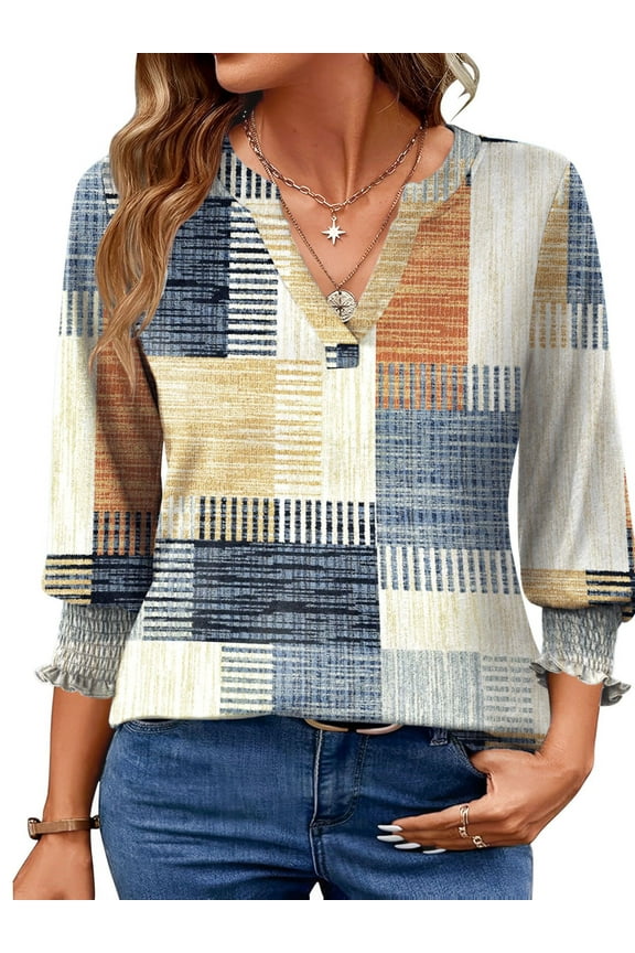 Summer V Neck Womens Blouses Dressy Casual 3/4 Sleeve Shirts Ladies Tunic Tops
