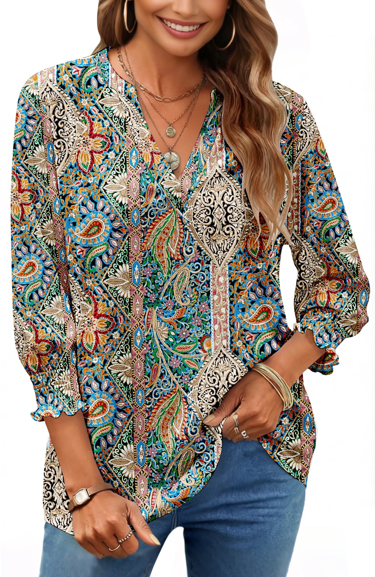 UVN Summer V Neck Womens Blouses Dressy Casual 3/4 Sleeve Shirts Ladies ...