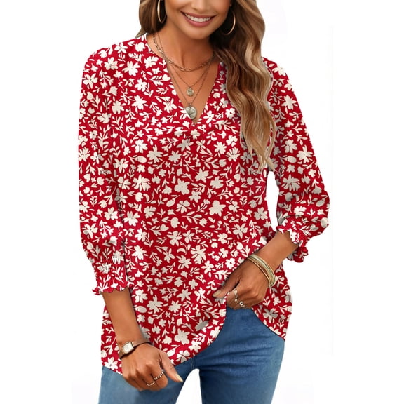 UVN Summer V Neck Womens Blouses Dressy Casual 3/4 Sleeve Shirts Ladies Tunic Tops