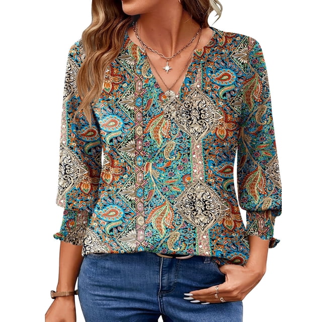 UVN Summer V Neck Womens Blouses Dressy Casual 3/4 Sleeve Shirts Ladies ...