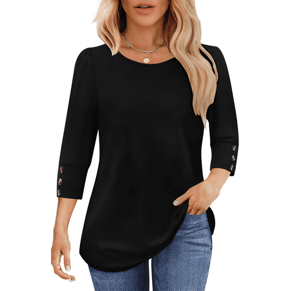UVN Summer Womens Blouses Crew Neck 3/4 Sleeve with Button Shirts for Women Loose Fit Tunic Tops