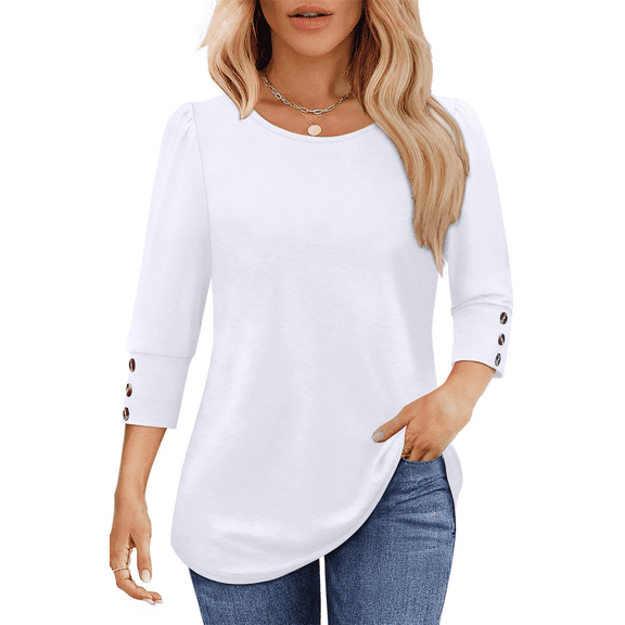 UVN Summer Womens Blouses Crew Neck 3/4 Sleeve with Button Shirts for Women Loose Fit Tunic Tops