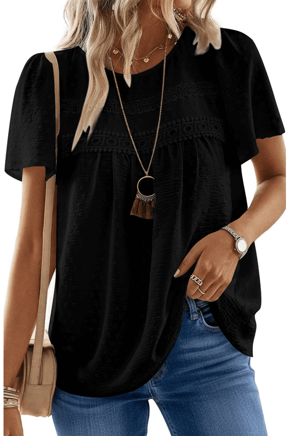 Summer Womens Chiffon Blouses Short Sleeve Crew Neck Shirts for Women Boho Lace Casual Tops