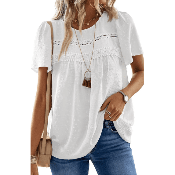 UVN Summer Womens Chiffon Blouses Short Sleeve Crew Neck Shirts for Women Boho Lace Casual Tops