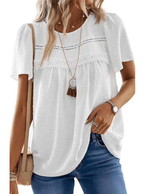 Summer Womens Chiffon Blouses Short Sleeve Crew Neck Shirts for Women Boho Lace Casual Tops