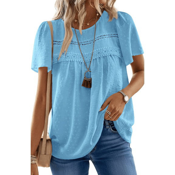 UVN Summer Womens Chiffon Blouses Short Sleeve Crew Neck Shirts for Women Boho Lace Casual Tops