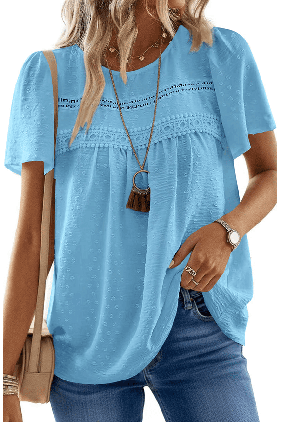 Summer Womens Chiffon Blouses Short Sleeve Crew Neck Shirts for Women Boho Lace Casual Tops
