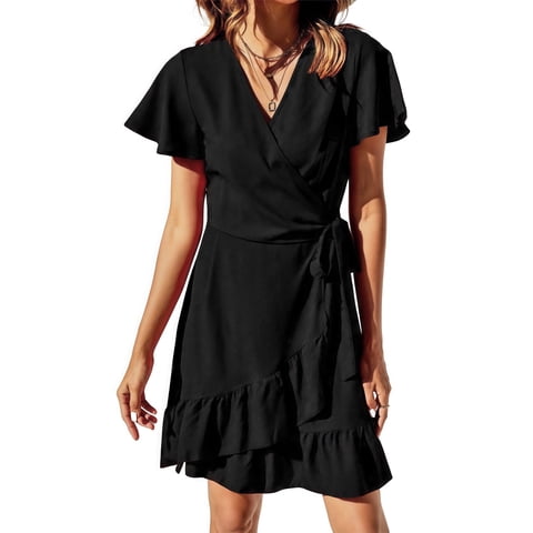 Summer Wrap Dress for Women V Neck Short Sleeve Dress Ladies Boho Floral Dress with Belt