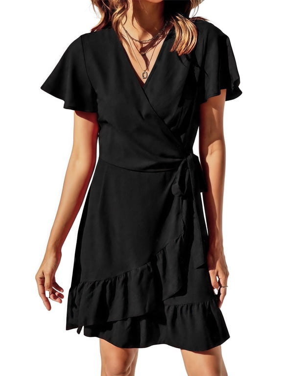 Summer Wrap Dress for Women V Neck Short Sleeve Dress Ladies Boho Floral Dress with Belt