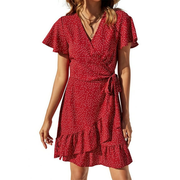 UVN Summer Wrap Dress for Women V Neck Short Sleeve Dress Ladies Boho Floral Dress with Belt