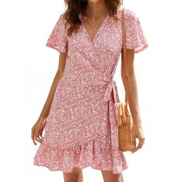 UVN Summer Wrap Dress for Women V Neck Short Sleeve Dress Ladies Boho Floral Dress with Belt