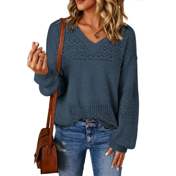 UVN Sweaters for Women Casual V Neck Long Sleeve Pullover Winter Lightweight Crochet Hollow Out Knit Jumper