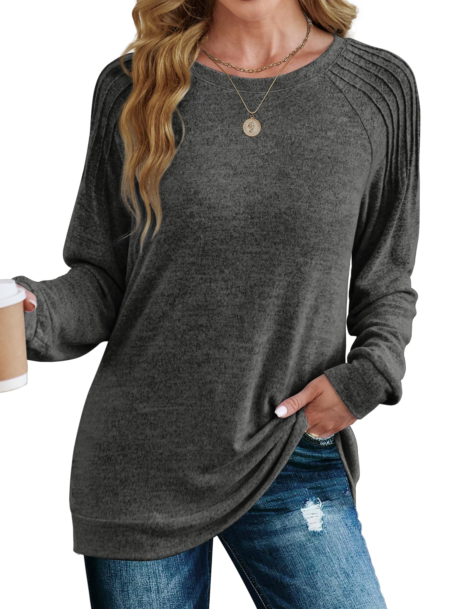 MOSHU Crewneck Sweatshirts for Women Side Split Long Sleeve
