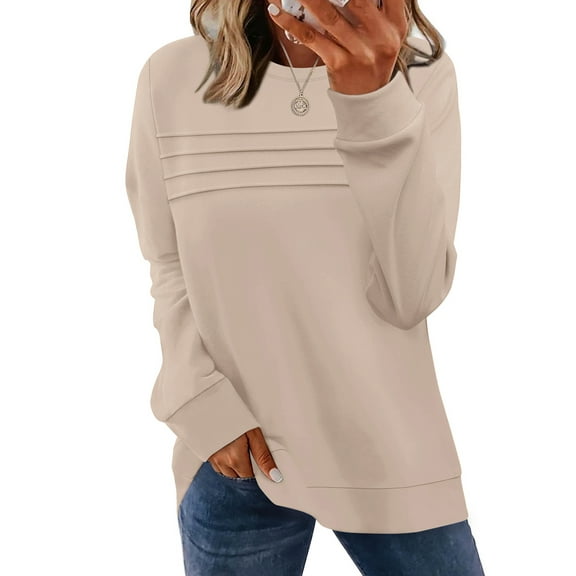 UVN Sweatshirts for Women Casual Long Sleeve Shirts Loose Fit Pleated Front Crewneck Tunic Tops