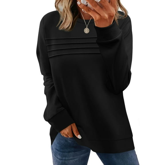 UVN Sweatshirts for Women Casual Long Sleeve Shirts Loose Fit Pleated Front Crewneck Tunic Tops