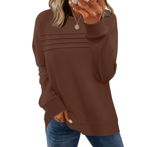 UVN Sweatshirts for Women Casual Long Sleeve Shirts Loose Fit Pleated Front Crewneck Tunic Tops