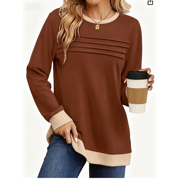 UVN Sweatshirts for Women Casual Long Sleeve Shirts Loose Fit Pleated Front Crewneck Tunic Tops