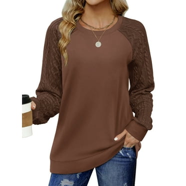 UVN Sweatshirts for Women Crewneck Cable Knit Sleeve Sweaters Casual Fall Tunic Tops