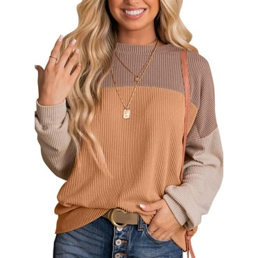 UVN Sweatshirts for Women Crewneck Casual Long Sleeve Blouse Color Block Loose Tops