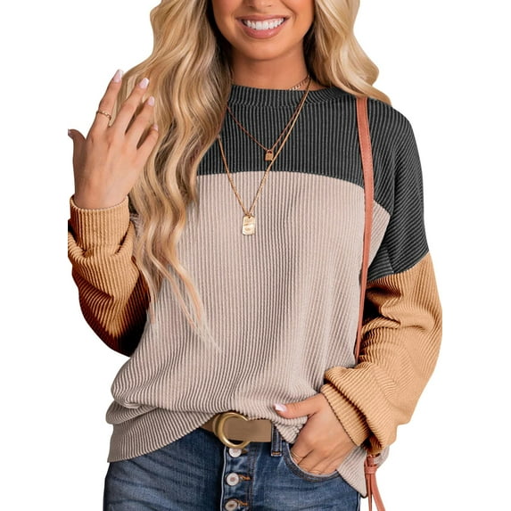 UVN Sweatshirts for Women Crewneck Casual Long Sleeve Blouse Color Block Loose Tops