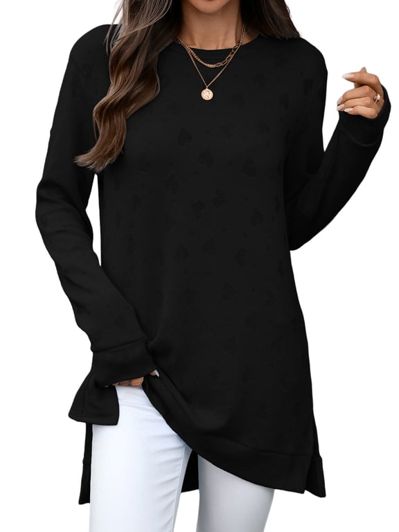 Sweatshirts for Women Crewneck Long Sleeve Shirts Dressy Heart Patchwork Side Split Tops