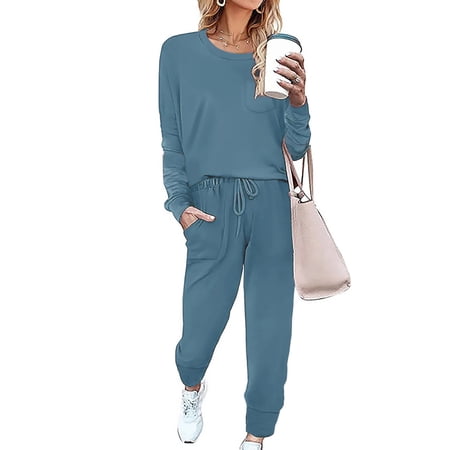 Shine Up Sweatsuit Sets for Women 2 Piece Lounge Set Loose Jogger Sets Fall Outfits Sets Solid Tracksuits with Pockets