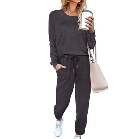 Shine Up Sweatsuit Sets for Women 2 Piece Lounge Set Loose Jogger Sets Fall Outfits Sets Solid Tracksuits with Pockets