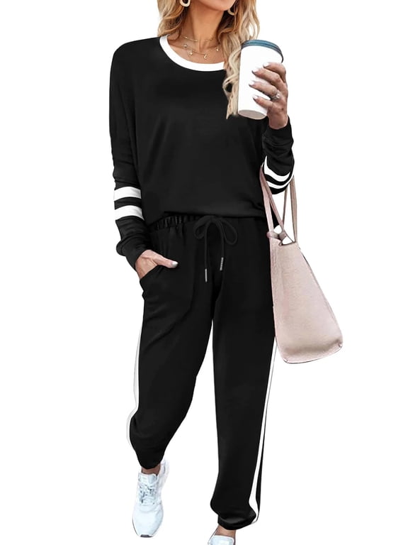 Sweatsuits Womens 2pcs Sets Jogger Set Casual 2 Piece Outfit Striped Sweatshirts Long Tracksuits