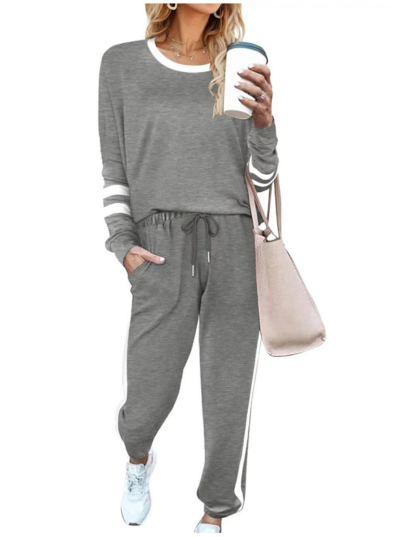 Sweatsuits Womens 2pcs Sets Jogger Set Casual 2 Piece Outfit Striped Sweatshirts Long Tracksuits
