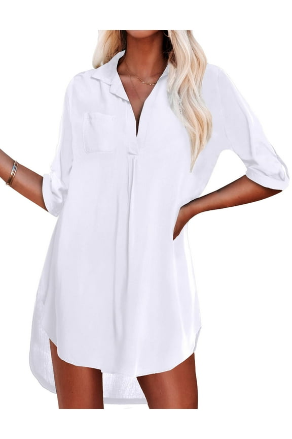 Swimsuit Cover Up 3/4 Sleeve V Neck Shirts for Women Bathing Suit Cover Up Summer Tops