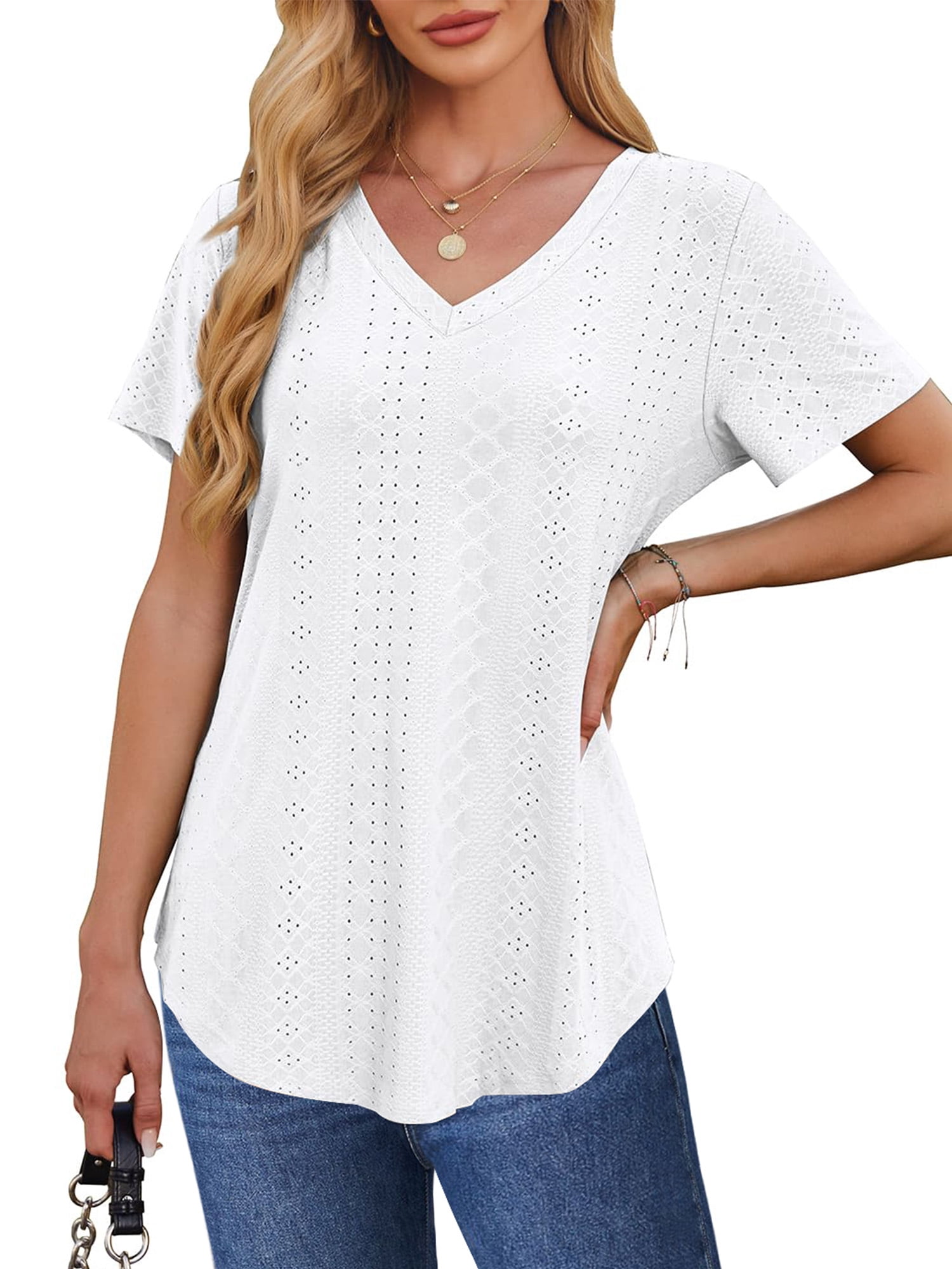 UVN Summer Blouses for Women Short Sleeves V Neck Shirts Curved Hem ...