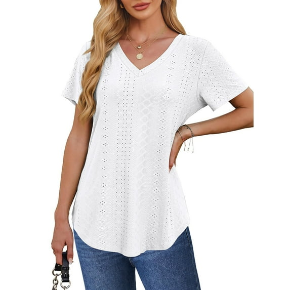 UVN Summer Blouses for Women Short Sleeves V Neck Shirts Curved Hem Loose Fit Tunic Tops