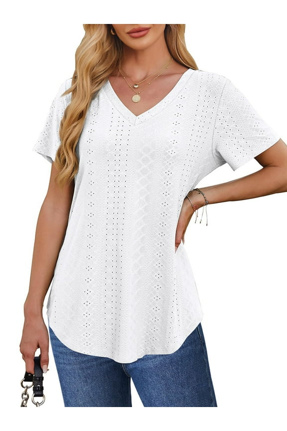 Summer Blouses for Women Short Sleeves V Neck Shirts Curved Hem Loose Fit Tunic Tops