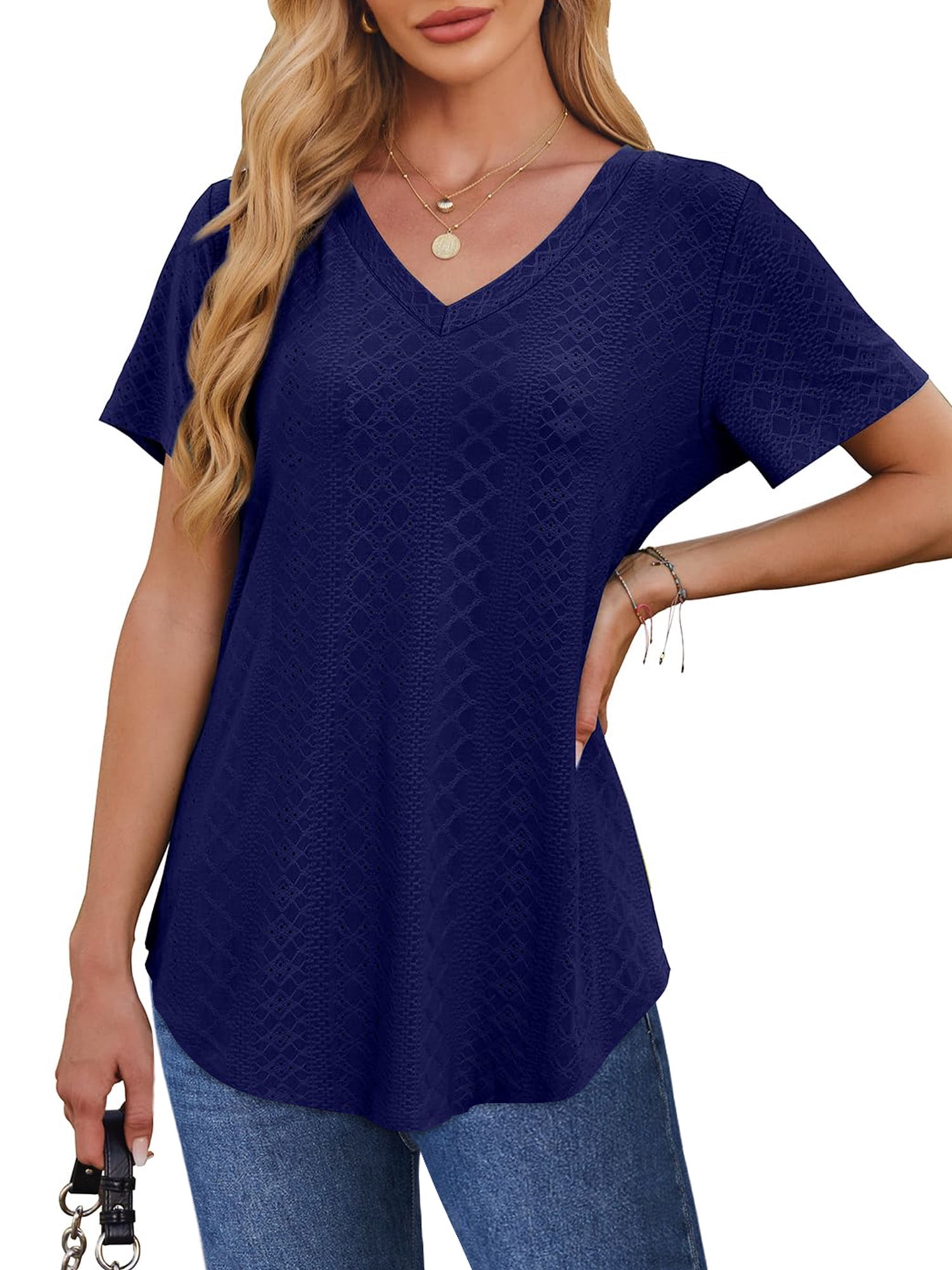 UVN Summer Blouses for Women Short Sleeves V Neck Shirts Curved Hem ...