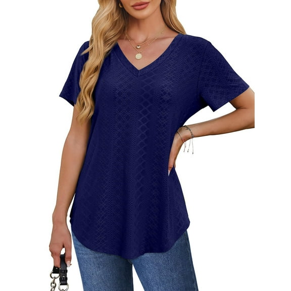 UVN Summer Blouses for Women Short Sleeves V Neck Shirts Curved Hem Loose Fit Tunic Tops