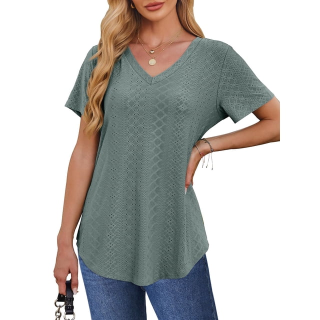 UVN Summer Blouses for Women Short Sleeves V Neck Shirts Curved Hem ...