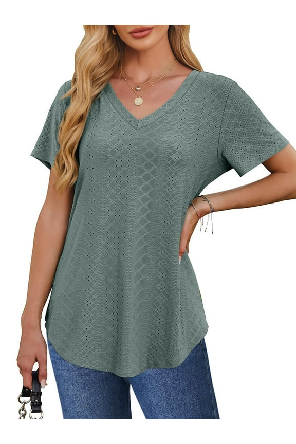 Summer Blouses for Women Short Sleeves V Neck Shirts Curved Hem Loose Fit Tunic Tops