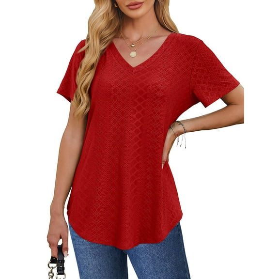 UVN Summer Blouses for Women Short Sleeves V Neck Shirts Curved Hem Loose Fit Tunic Tops